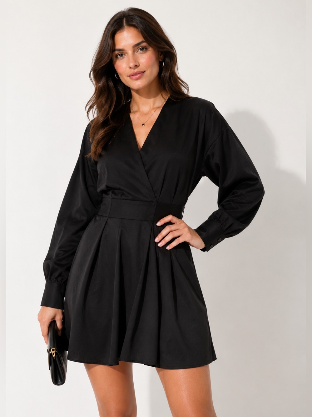 Zara Dress‎ Poplin Mini Wrap Longsleeve Pleated Black Cocktail Size XS NWOT